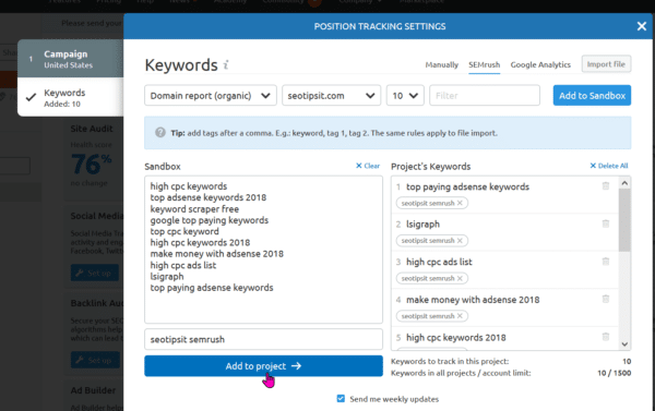 position tracking keywords added to project
