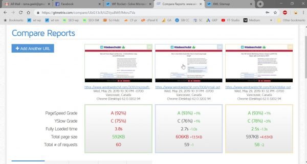 compare page speed gtmetrix with wp rocket plugin