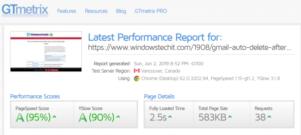 gtmetrix speed test result using wp rocket